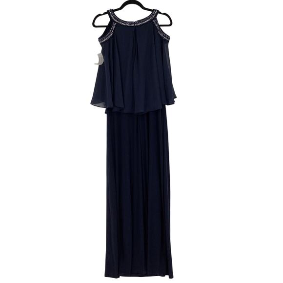 Alex Evenings Womens 6 Navy Cold Shoulder Popover Maxi Gown Beaded Neck OS15-13 - Picture 7 of 10